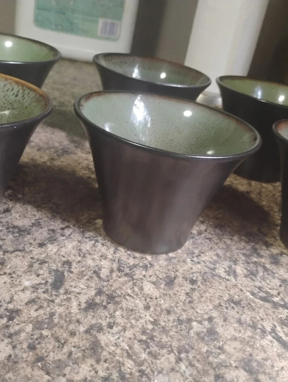 Set of 7 Vintage Gabbay by Gibson Fusion Wasabi Green & Brown Drip Glazed Mugs